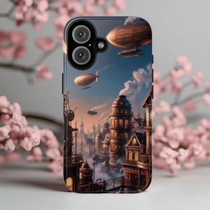 Capa de celular com paisagem urbana steampunk: design de dirigíveis de fantasia