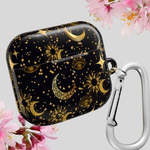 Étui pour AirPods célestes, lune dorée et étoiles sur fond noir Étui pour AirPods d&#39;astrologie noir, étui pour AirPods Pro cosmiques, accessoire nuit étoilée