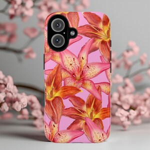 Pink Lily Phone Case Floral Phone Cover for iPhone & Samsung Soft Aesthetic Botanical Case Girly Flower Print Phone Case