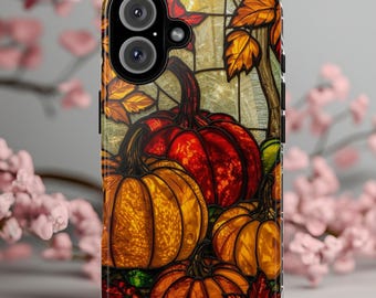 Stained Glass Fall Phone Case Pumpkins & Autumn Leaves, Seasonal Aesthetic