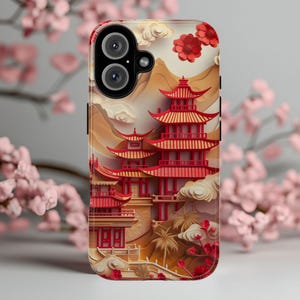 Coque de portable robuste artistique pagode japonaise en fleurs de cerisier