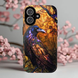 Raven Stained Glass Phone Case Tough Phone Case For iPhone 16 15 14 13 12 Samsung Galaxy S25 Google Pixel 9 crow stained glass effect