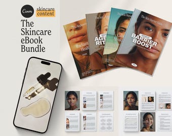 Puede incluir: Un conjunto de cuatro ebooks sobre el cuidado de la piel con diferentes títulos: "The Beginners", "The Anti-Aging Ritual", "The Acne Management" y "The Skin Barrier Guide". Cada ebook presenta el rostro de una mujer en la portada. Los ebooks están dispuestos sobre una superficie blanca.