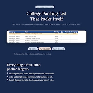 May include: A digital college packing list spreadsheet template with a dark blue background. The text reads College Packing List That Packs Itself, 110+ Items, auto-updating budget, and a built-in guide. It includes a table with categories and items.