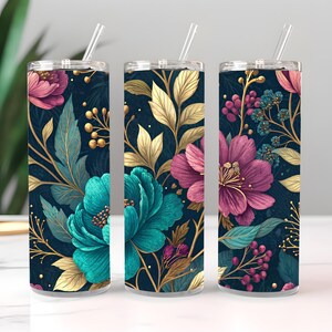 Seamless Dark Floral 20 oz Skinny Tumbler Sublimation Design Digital Download PNG Instant DIGITAL ONLY, Gold Leaves and Flowers Tumbler wrap