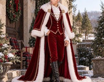 May include: A deep red velvet floor-length cape with white faux fur trim, worn over a matching red velvet vest and trousers. The ensemble includes a white ruffled shirt, gold-toned decorative clasps with chains, and black leather boots.