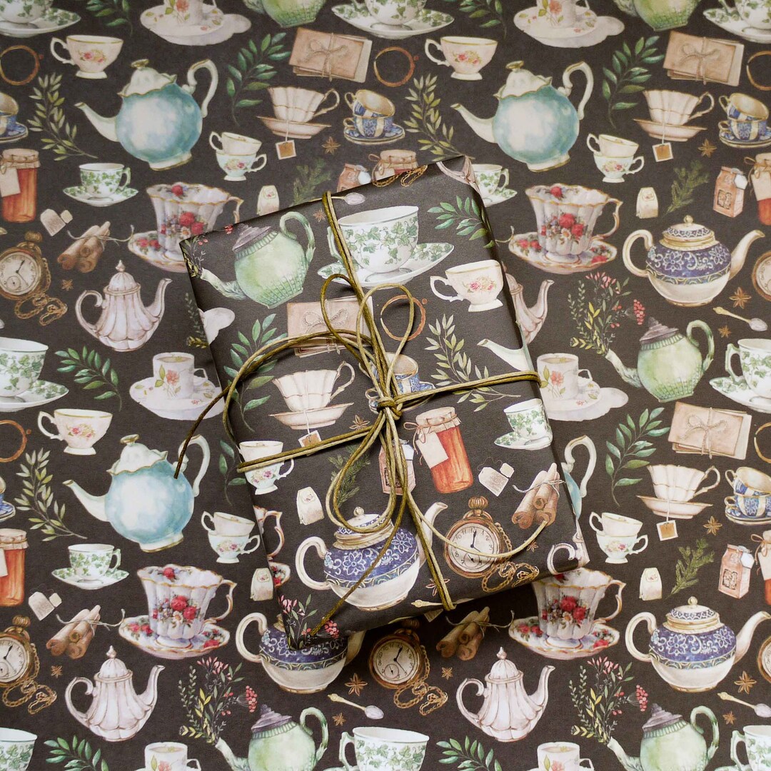 Luxury Tea Leaf Gift Wrap, 3 X Sheets Vintage Teapot Wrapping Paper