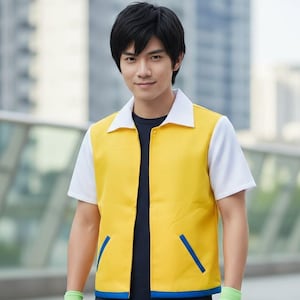 Puede incluir: Un chaleco amarillo con mangas blancas y cuello blanco. El chaleco tiene detalles azules y se usa sobre una camiseta negra. La persona también usa guantes verdes. El atuendo recuerda a un personaje de dibujos animados popular.