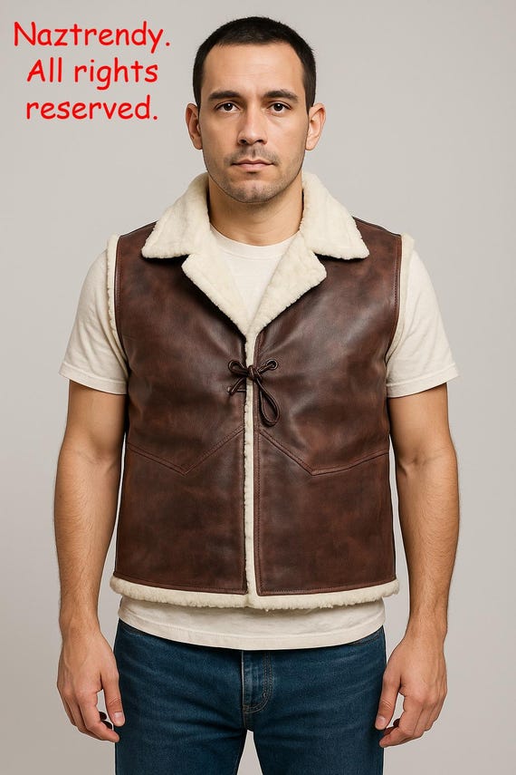 Vintage Braun Schaffell Cowboy Weste Jacke, Echtes Leder Pelz