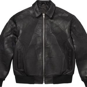 Black Web Pattern Leather Jacket for Men, Web Embossed Leather Bomber Jacket, Hero Inspired Leather Jacket, Casual Streetwear Gift for Him