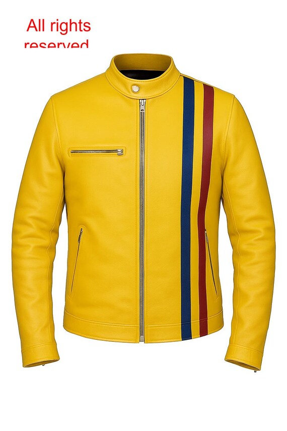 Yellow Leather Cafe Racer Jacket – Men's Retro Striped Biker