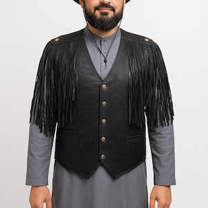 Cowboy Leather Vest with Fringe, Western Style Men&#39;s Black Vest, Black Western Fringe Vest – Cowboy Outfit Leather Waistcoat, Western Outfit