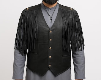 Gilet con frange in pelle nera fatto a mano, stile cowboy western