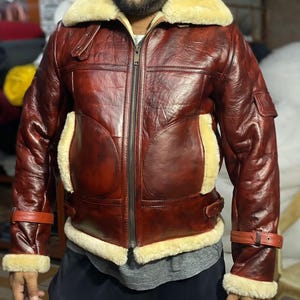 Men&#39;s Shearling Leather Jacket, Brown Pilot Bomber Winter Jacket, Classic B3 Aviator Jacket, Distressed Brown Leather Jacket for Men