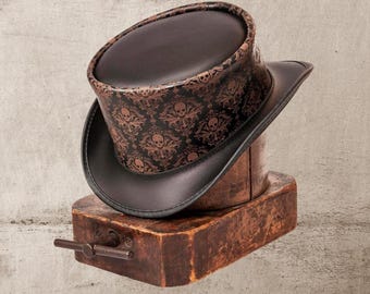 Cartola de couro, cartola steampunk, cartola gótica, cartola com caveiras reais para motociclistas, fantasia de Halloween, presentes para homens, presentes para mulheres.