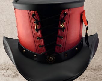 Zwarte leren cilinderhoed Steampunk cilinderhoed Gothic cilinderhoed rood korset motorfiets cilinderhoed Halloween kostuum cadeaus voor mannen Cadeaus voor vrouwen