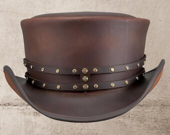 Brown Leather Top Hat Steampunk Top Hat Gothic Top Hat Rivert Band Motorcycle Top Hat Halloween Costume Gifts For Men Gifts For Women