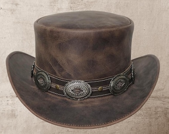 Cartola de couro marrom, estilo steampunk, gótica, para motociclistas, modelo Pale Rider Conchus, ideal para fantasias de Halloween. Presente perfeito para homens e mulheres.