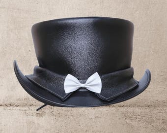 Black Leather Top Hat Steampunk Top Hat Gothic Top Hat Bow Style Motorcycle Top Hat Halloween Costume Gifts For Men Gifts For Women