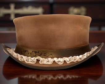 Brown Leather Top Hat Steampunk Top Hat Gothic Top Hat Victorian Band Motorcycle Top Hat Halloween Costume Gifts For Her Gifts For Women