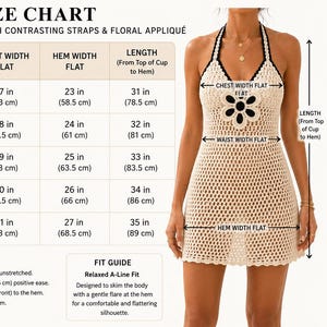 Mönster för virkad halterneckklänning i PDF-format, mini-strandklänning i mesh med blomapplikation, bohemisk sommarvirkning XS-XL
