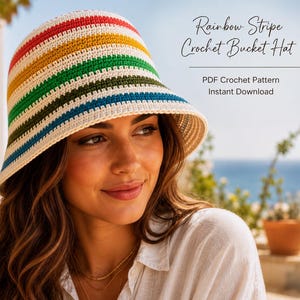Rainbow Stripe Crochet Bucket Hat Pattern | Easy Beginner Summer Hat (PDF Download)