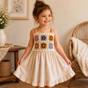 May include: A light beige dress with a crochet bodice featuring colorful squares. The dress has a ruffled hem and wooden bead straps. The girl is smiling and standing in front of a wicker chair.