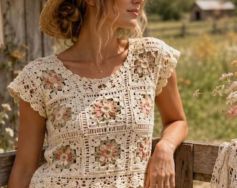 Patroon gehaakte top, oma-vierkant met bloemen, blouse met kapmouw, cottage core boho (pdf-download).