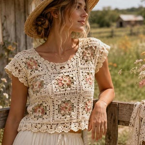 Häkelmuster für Oberteil, Florales Oma Quadrat, Häkelbluse mit Flügelärmeln, Cottage Kern Boho (PDF Download).