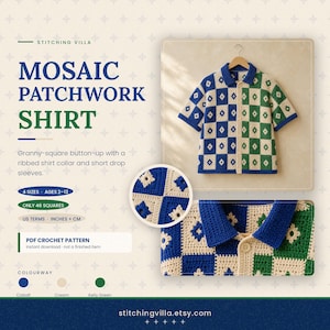 Crochet Granny Square Shirt Pattern - Kids Mosaic Patchwork Button Up Shirt-Collar + Short Sleeves-Sizes 2-13-PDF