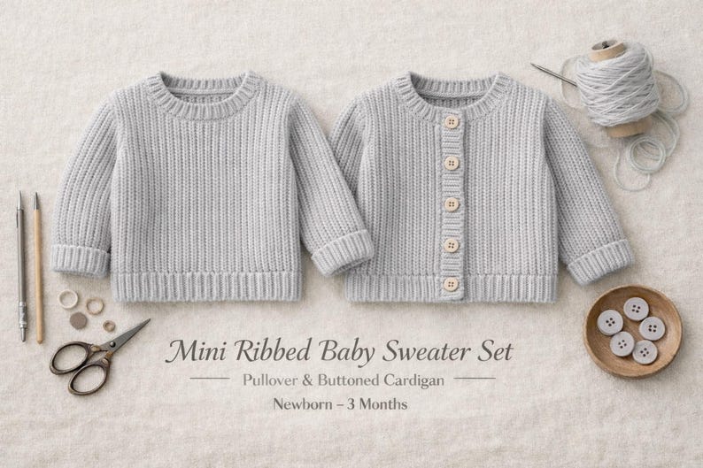 Baby Sweater Knitting Pattern | Mini Rib Pullover & Cardigan Set ...