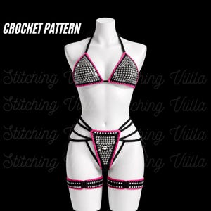 May include: Black crochet bikini set with pink trim and rhinestone embellishments. The set includes a triangle top, thong-style bottoms, and garter straps. The words "CROCHET PATTERN" are in the top left corner.