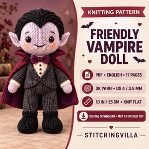 Pode incluir: Uma boneca vampiro tricotada com cabelo preto, pele pálida, fato cinzento escuro e capa bordeaux. O texto diz: KNITTING PATTERN, FRIENDLY VAMPIRE DOLL, PDF ENGLISH 17 PAGES, DK YARN US 4 3.5 MM, 10 IN 25 CM KNIT FLAT, DIGITAL DOWNLOAD, STITCHINGVILLA.