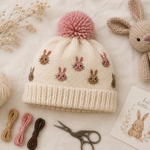 May include: Cream-colored knit beanie with embroidered bunny faces and a pink pom-pom. A matching knitted bunny toy and a card that says "hello little one" are next to the hat. Also shown are yarn, embroidery floss, and scissors.