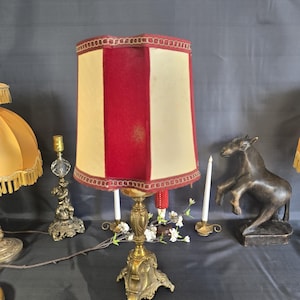 Brass altar candlestick table lamp, French baroque lighting striped shade
