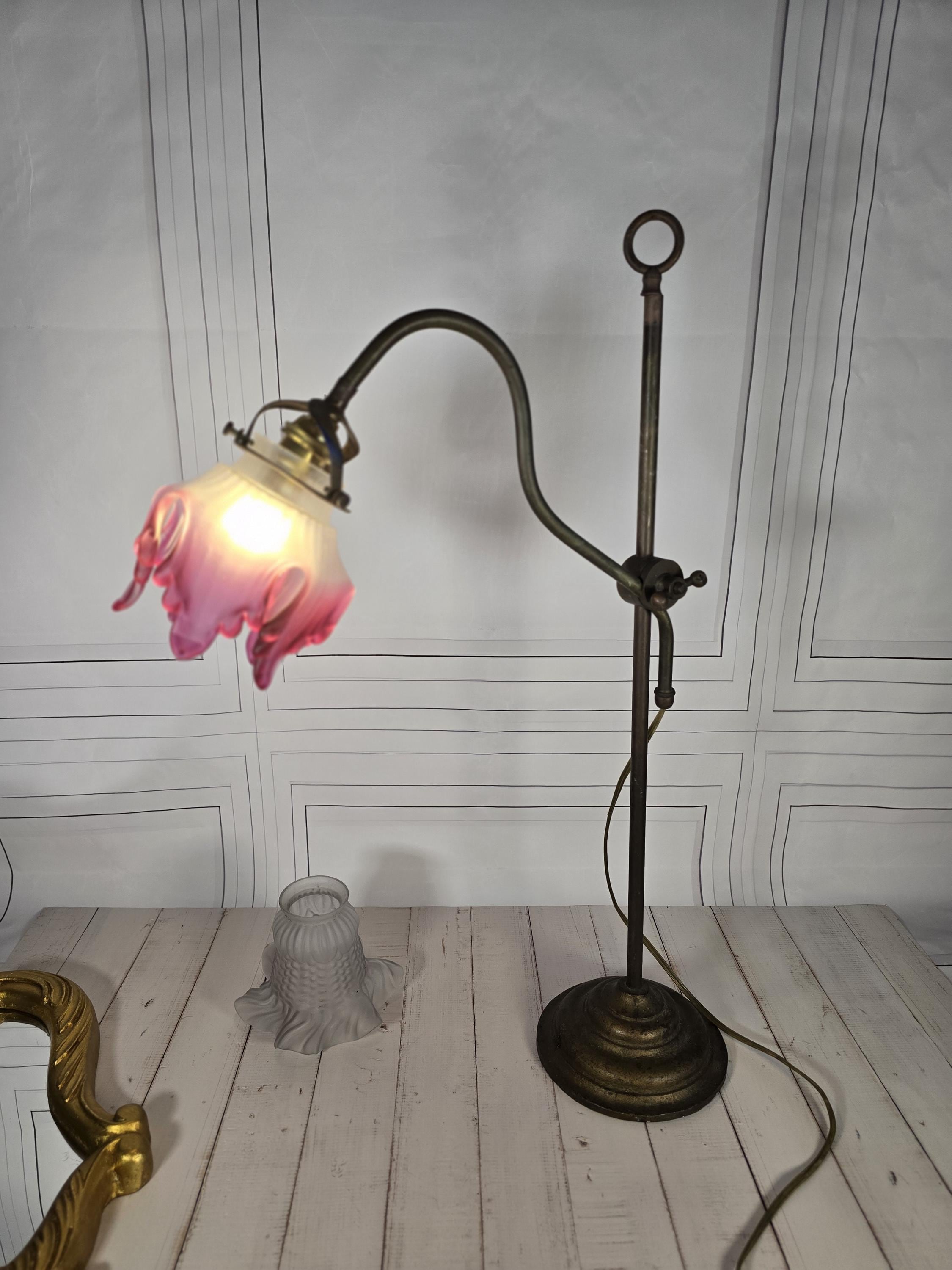 Etsy - Chtossbrocante Rose Adjustable Rustic Brass Desk Lamp With Frosted Glass Shade