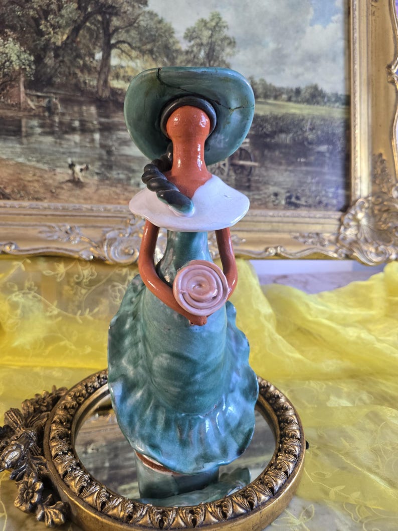 Faceless Woman Ceramic Figurine Lady in Turquoise Hat Handmade Folk Art ...