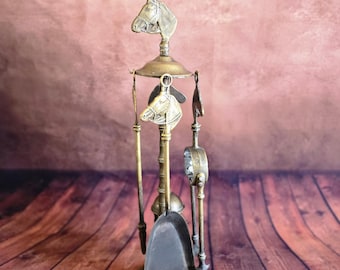 Brass horse head fireplace tool set, equestrian hearth decor with horse motifs