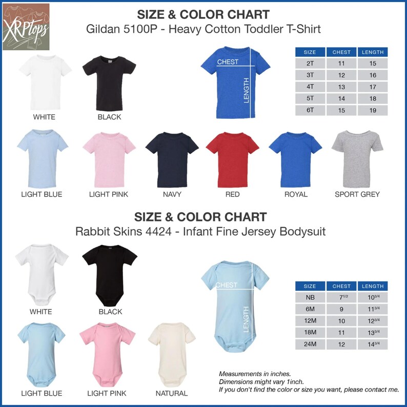 The image is a size and color chart for a Gildan 500p heavy cotton toddler t-shirt. It displays various color options and corresponding measurements for different age groups, including white, black, pink, navy, red, royal, light blue, light pink, navy, red, and sport grey. The chart also includes a rabbit skins 4424 infant fine jersey bodysuit, providing measurements for each color option.