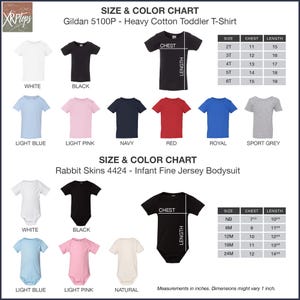 The image is a size and color chart for a Gildan 500p heavy cotton toddler t-shirt. It includes various sizes and colors, such as white, black, light blue, light pink, navy, red, royal, sport grey, and rabbit skins 4424 - infant fine jersey bodysuit. The chart provides measurements in inches and dimensions in feet, and it is a collage of multiple images showcasing different sizes and colors of the t-shirt.