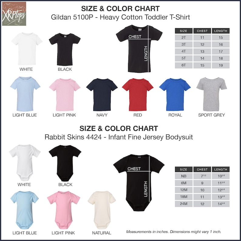 The image is a size and color chart for a Gildan 500p heavy cotton toddler t-shirt. It includes various sizes and colors, such as white, black, light blue, light pink, navy, red, royal, sport grey, and rabbit skins 4424 - infant fine jersey bodysuit. The chart provides measurements in inches and dimensions in feet, and it is a collage of multiple images showcasing different sizes and colors of the t-shirt.