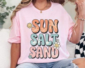 Sun Salt Sand Groovy Shirt, Retro Summer Beach Tee, Groovy Sunset Vibes, Surf Ocean Palm Tree Shirt, Vintage Coastal Vacation Tee 635961
