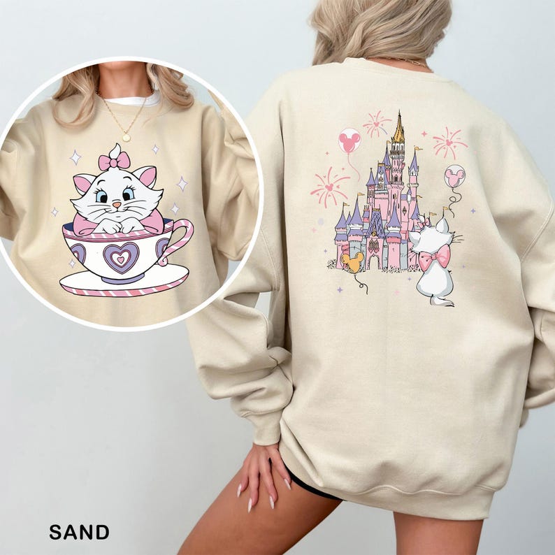 Marie Cat Tea Cup Party Sweatshirt, The Aristocats Disney Castle Sweatshirt, Disney Family Hoodie, Disneyland Cat Lady Crewneck, 632898 image 5
