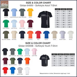 The image is a size and color chart for a Gildan 64000 softstyle youth t-shirt. It displays various color options and corresponding chest and length measurements for different sizes.