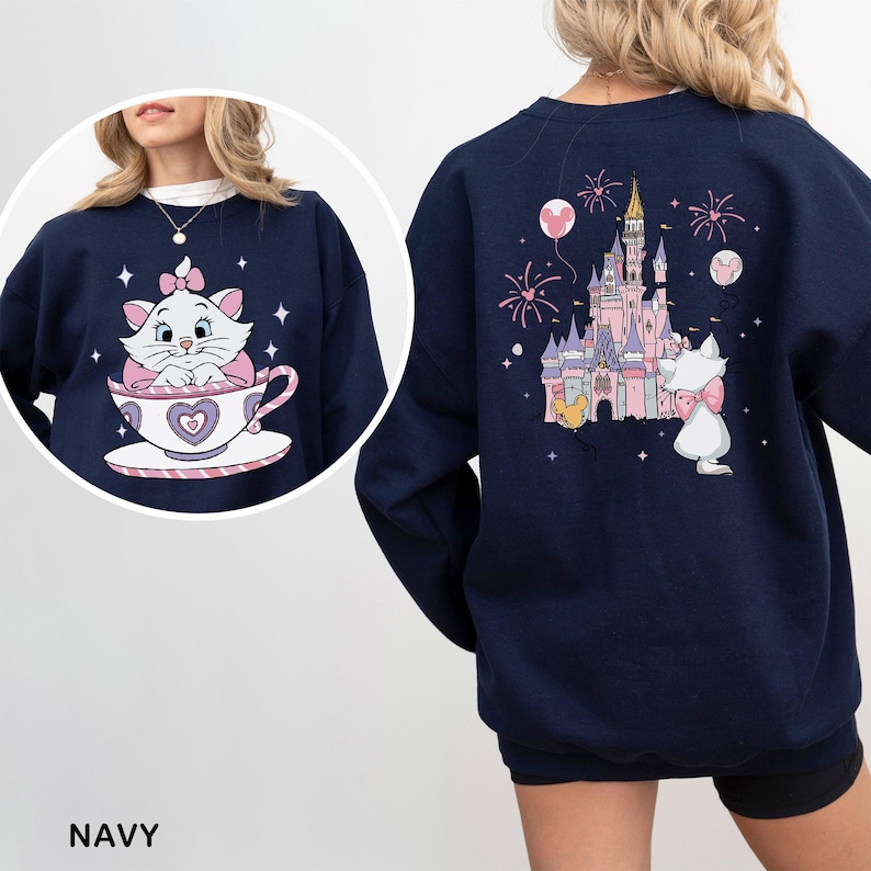 Navy sweatshirt with a cat and castle on the back.