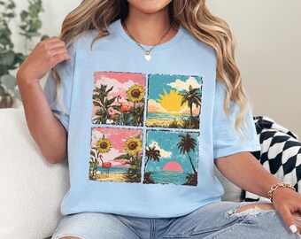 Retro Beach Flamingo Shirt, Sunflower Palm Tree Sunset Tee, Tropical Summer Vacation Shirt, Vintage Beach Graphic Tee 635858