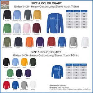 The image is a size and color chart for a Gildan 5400 - Heavy Cotton Long Sleeve Adult T-shirt. It displays various color options and corresponding measurements for different sizes, including chest, chest length, and length. The chart provides a visual representation of the shirt's size and color options, allowing customers to choose the most suitable option based on their preferences and measurements.
