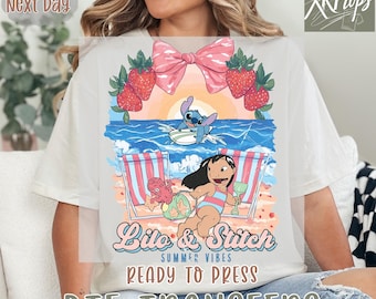 Transferencia de calor para prensa de calor Disney Lilo y Stitch, DTF lista para prensar con puntadas y ángulos, transferencia DTF de alta calidad para vacaciones de verano de Lilo & Stitch