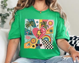 Retro Hippie Summer Shirt, Groovy Flamingo Palm Tree Shirt, Floral Beach Vacation Shirt, Vintage Summer Graphic Tee 635860