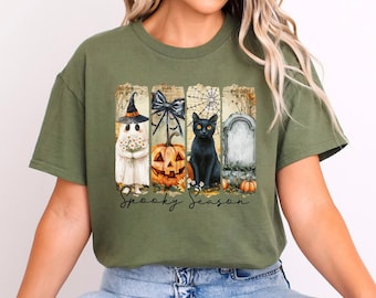 Vintage Halloween Shirt, Spooky Season Shirt, Ghost Pumpkin Cat Shirt, Halloween Gift Tee, Stay Spooky Shirt, Coquette Halloween Tee 633649
